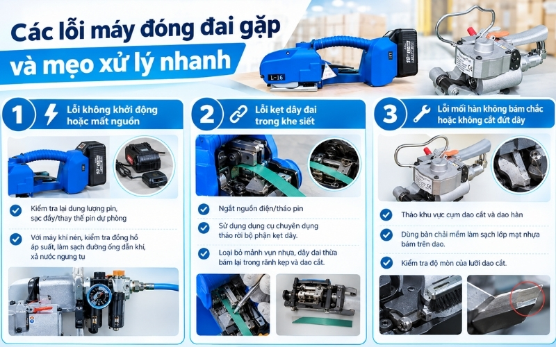 Các lỗi máy đóng đai gặp và mẹo xử lý nhanh  